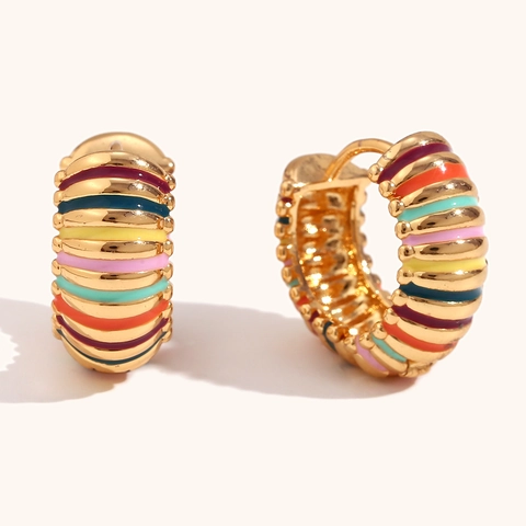 Rainbow Enamel Stripe Hoop Earrings 18K Gold Plated Stainless Steel Colorful Textured Fashion Jewelry For Women