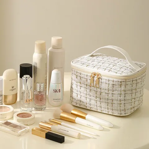 Neceser Elegante De Tweed Gran Capacidad Organizador Cosmético De Viaje Con Doble Cremallera Dorada Y Asa De PU