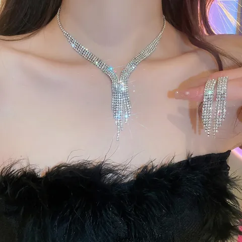 Luxury Rhinestone Necklace And Earring Set For Women Alloy Waterdrop Tassel Jewelry Banquet Wedding Party Elegant Accessory
