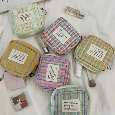 Mini Cosmetic Bag Quilted Cotton Portable Makeup Storage Pouch Zipper Candy Color Travel Toiletry Organizer For Women