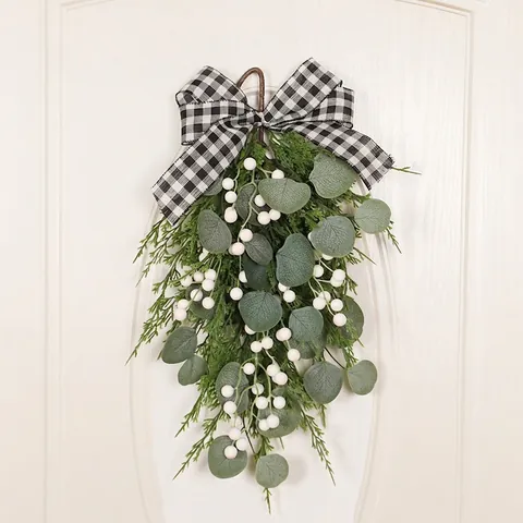 Artificial Christmas Teardrop Swag Eucalyptus Pine White Berry Wreath Buffalo Plaid Bow LED Hanging Decor Farmhouse Rustic