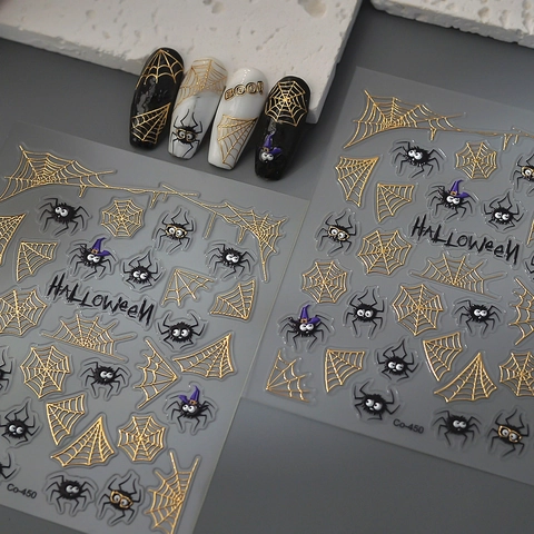 Adesivi Unghie Halloween 5D Rilievo Tela Ragno Oro Metallico Ragno Nero Impermeabile Autoadesivi DIY Decals