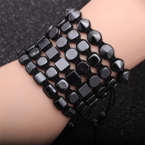 Hematiet Kralen Armband Verstelbaar Geweven Koord Punk Rock Spikes Vierkante Zeshoekige Kralen Heren Unisex Sieraden