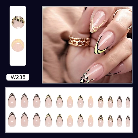 Uñas Postizas De Almendra Estampado Leopardo Línea Francesa Minimalista Rayado Moda Uñas Largas Para Mujeres