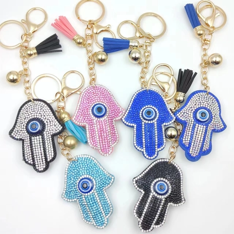 Hamsa Hand Böser Blick Schlüsselanhänger Strass Legierung Anhänger Mit Quaste Und Glocke Mode Tasche Zubehör
