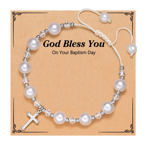 Pulsera Ajustable de Perlas Artificiales Con Colgante de Cruz Corazón Bautizo Primera Comunión Joyería Religiosa Tejida a Mano