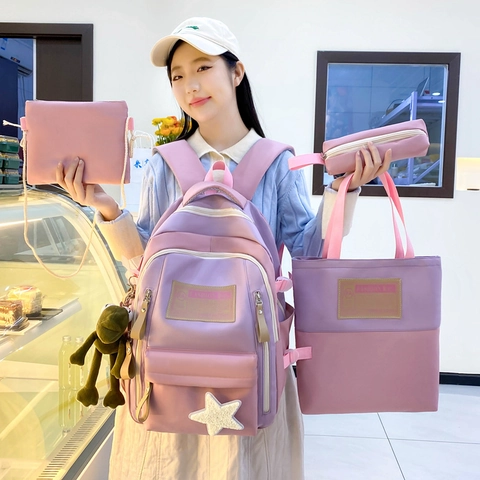 Rugzak Draagtas Schoudertas En Etui Nylon Kleurblok Grote Capaciteit School Voor Meisjes Mode
