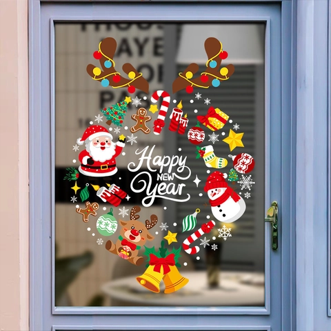 Christmas Window Stickers PVC Static Clings Santa Claus Reindeer Snowman Wreath Double Sided Glass Door New Year Decor