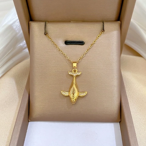 Gold Whale Pendant Necklace With Titanium Steel Chain And Copper Zircon Women Elegant Marine Life Jewelry