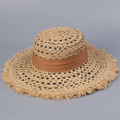 Women Raffia Straw Sun Hat Wide Brim Frayed Edge Hollow Woven Summer Beach Vacation Fashion Accessories Adjustable