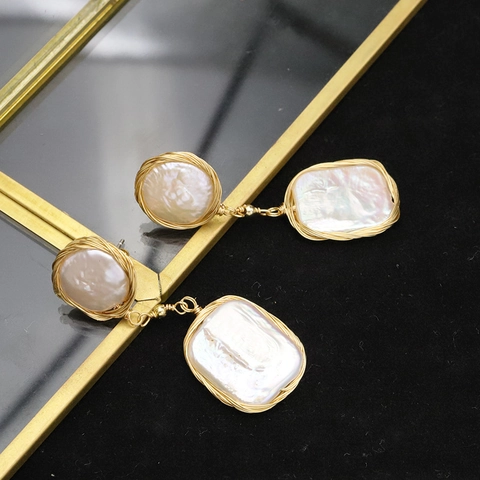 Vintage Baroque Freshwater Pearl Drop Earrings Handmade Copper Plated Gold Jewelry 925 Sterling Silver Earring Post