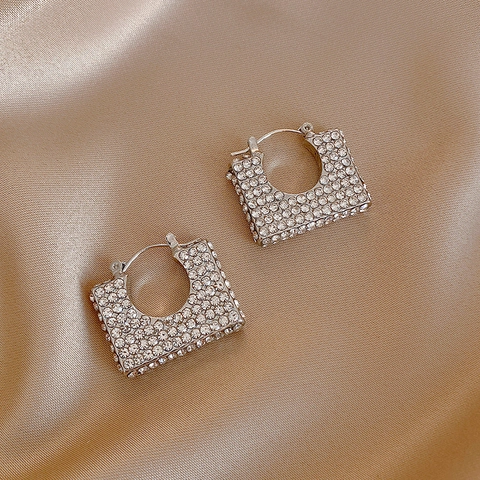 Geometric Square Hoop Earrings Alloy With Rhinestone And Silver Earring Post Fashionable Exquisite Jewelry For Women