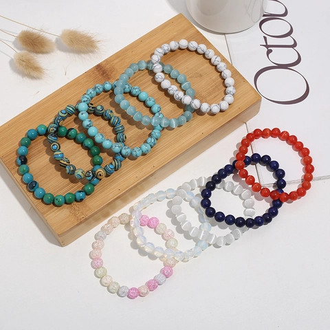 Bracciale Perline Pietra Occhio Gatto Turchese Pietra Shoushan Vetro Millefiori Perline Tonde Gioielli Moda Elastici Donna Uomo