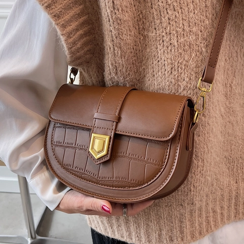 Sac Bandoulière Femme Motif Crocodile Cuir PU Sac Selle Vintage Sac À Épaule Boucle Dorée Bandoulière Réglable