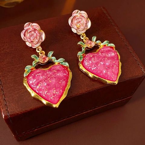 Orecchini Pendenti Vintage Rosa Fiore Cuore Per Donna Lega Resina Gioielli Romantici Con Perno In Argento