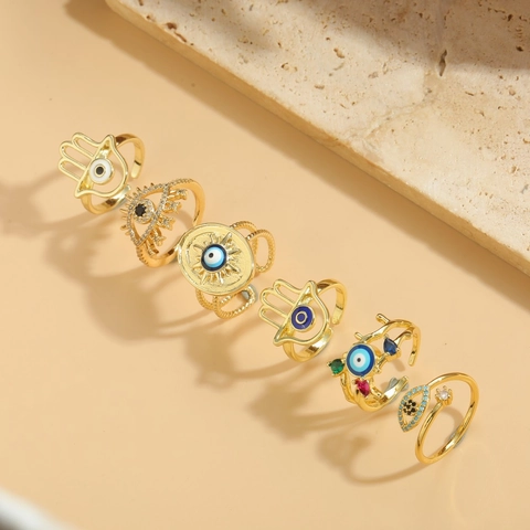 Evil Eye Hamsa Hand Verstellbare Ringe Für Damen Vintage Boho Kupfer Vergoldet Mit Zirkon Emaille Schutz Schmuck