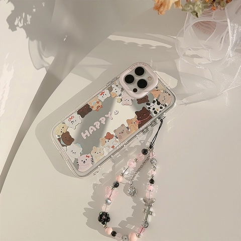 Cute Cartoon Cat Mirror Phone Case Transparent Acrylic Shockproof Protective Cover With Beaded Lanyard Charm Ins Style