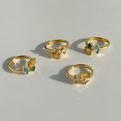 Geometric Colorful Zirconia Open Ring Gold Plated Stainless Steel Adjustable Jewelry Gift For Women INS Style