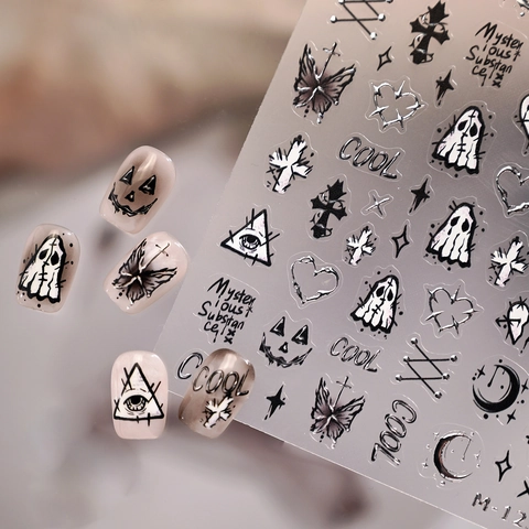 Gothic Halloween Nail Art Stickers Ghost Cross Butterfly Dark Style Self Adhesive Decals For Women