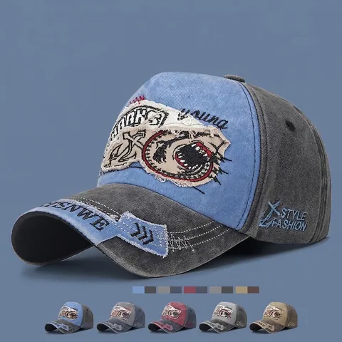 Cappello Da Baseball In Cotone Lavato Vintage Distressed Patchwork Ricamo Squalo Cappello Da Sole Regolabile Uomo Donna