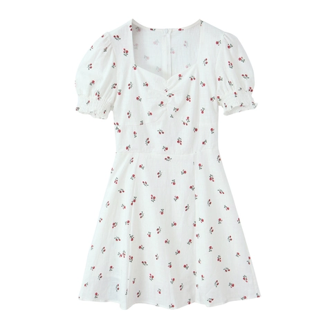 Floral Print Mini Dress Cotton Square Neck Puff Sleeve French Vintage Slim Fit Summer Casual Short Sleeve For Women