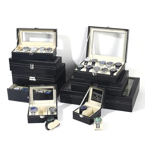 Luxury Watch Box Organizer PU Leather Walnut Wood Grain Jewelry Display Case With Glass Window Metal Lock