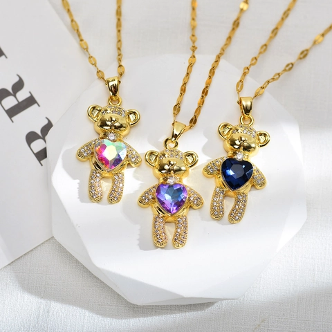 Collana Con Pendente Orsetto Carino Rame Micro Pavè Zircone Cuore Cristallo Colorato Gioielli Per Donne