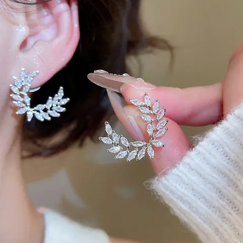 Elegant Wheat Ear Stud Earrings Copper Marquise Zircon With 925 Sterling Silver Earring Post Leaf Design Jewelry For Women