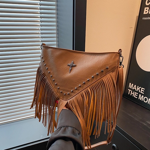 Women Shoulder Bag PU Leather Long Tassels Rivets Cross Metal Decor Bohemian Gothic Large Capacity Crossbody Bag For Lady