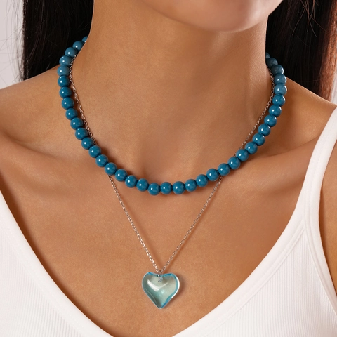 Doppelschichtige Halskette Mit Blauem Herzanhänger Glas Harzperlen Legierungskette Minimalistischer Schmuck Für Damen