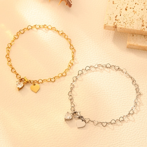 Pulsera De Cadena De Eslabones De Corazón De Acero Inoxidable Con Colgantes De Doble Corazón Circonita Cúbica Clara Moda Minimalista Para Mujeres