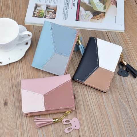 Women Short Wallet Fashion PU Leather Zipper Purse Color Block Stitching Card Holder Coin Pocket With Bunny Tassel Pendant