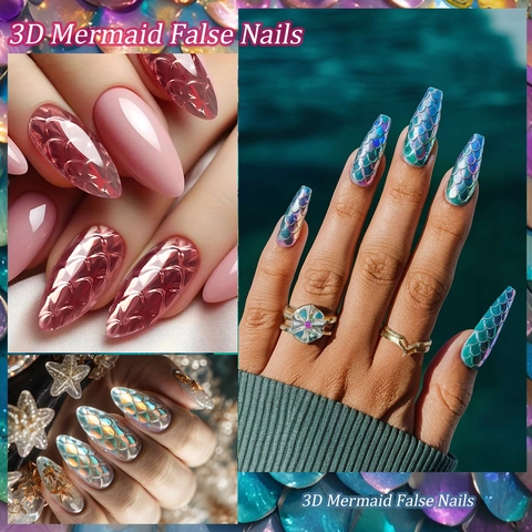 3D Mermaid Fischschuppen Falsche Nägel Soft Gel Full Cover Lange Coffin Press On Nails Iridescent Maniküre Für Frauen