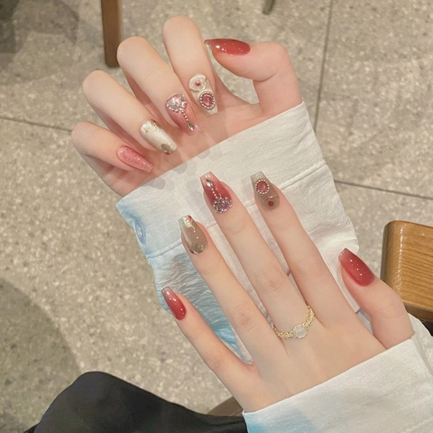 Uñas Postizas De Presión Hechas A Mano Rosa Cat Eye Con Pedrería Y Perlas Artificiales Estilo Palacio Elegantes Uñas Desmontables