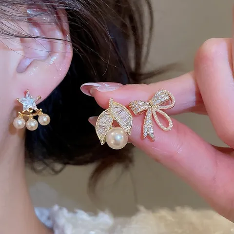 Pendientes Elegantes De Perlas Artificiales Y Circonitas Con Poste De Plata Chapado En Oro Estrella Lazo Hoja Joyería Vintage Mujer