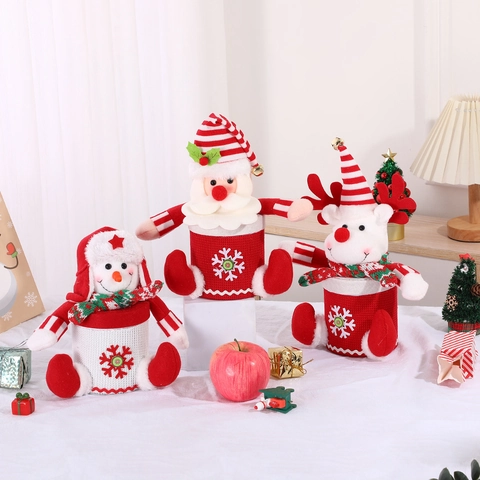 Boîte Cadeau De Noël Pot À Bonbons Tricoté Peluche Père Noël Bonhomme De Neige Renne Décoration De Table Festive