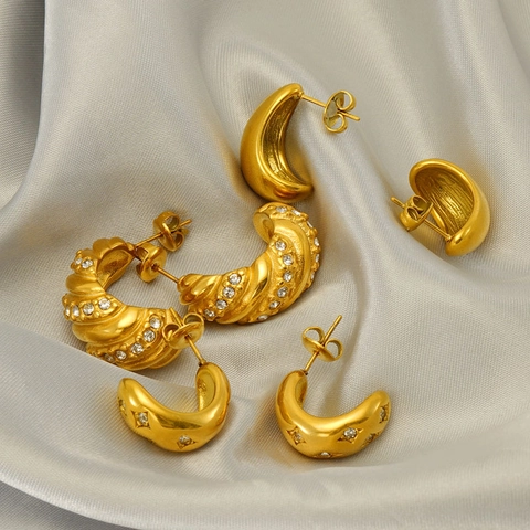Creolen C-Form Goldbeschichtet Edelstahl Strass Geometrisch Vintage Luxus Schmuck Für Damen