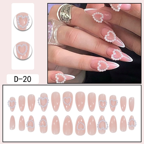Uñas Postizas Almendras Puntas Francesas Blancas Con Diseño Corazón De Perlas Artificiales Elegantes Dulces Removibles