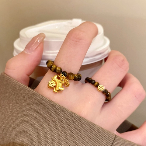 Tijgeroog Steen Kralen Ring Goud Geluk Paard Varken Hanger En Munten Elastisch Chinese Stijl Voor Dames