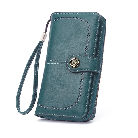 Damen Geldbörse Lang PU Leder RFID Schutz Große Kapazität Laser Cut Retro Schnalle Handgelenktasche