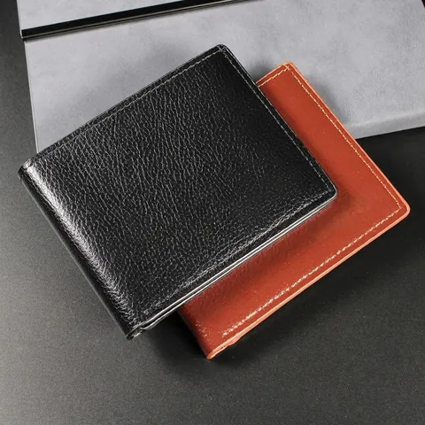 Portafoglio Bifold Da Uomo Corto Pelle PU Grana Litchi Business Casual Slot Per Carte Finestra Per Foto
