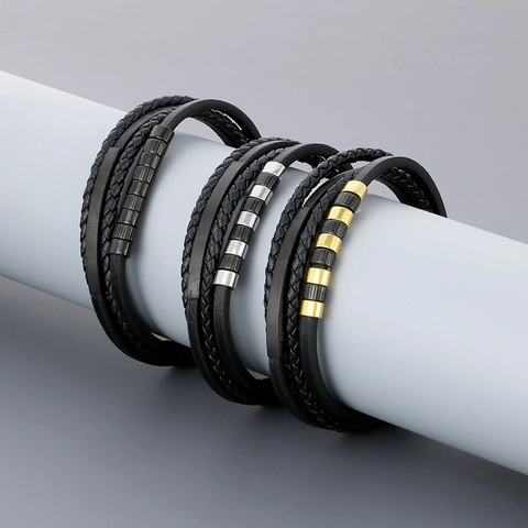 Pulsera De Cuero Trenzado Multicapa Para Hombre Acero Inoxidable Placa Curvada Geométrica Hebilla Magnética Punk Joyería De Mano