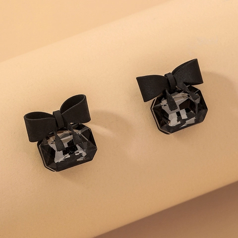 Retro Black Bowknot Stud Earrings With Square Crystal Alloy Resin And 925 Sterling Silver Earring Post For Women