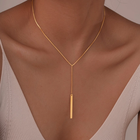 Collier À Pendentif Barre Longue En Acier Inoxydable Minimaliste Pour Femmes Plaqué Or Chaîne Boîte Style Français
