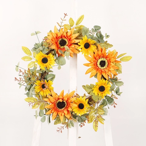Artificial Sunflower Wreath Warm LED Lights Satin Cloth Flower Natural Vine Base Front Door Wall Hanging Farmhouse Rustic