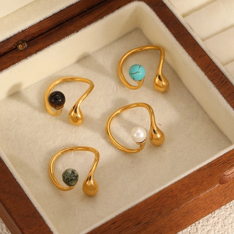 Bague Ouverte En Acier Inoxydable Pierre Naturelle Oeil De Tigre Turquoise Künstliche Perle Style Ins Bijoux Élégants Pour Femmes
