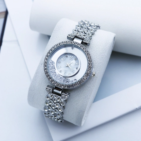 Orologio Quarzo Donna Lusso Strass Scintillanti Cristalli Fluttuanti Quadrante Sabbie Mobili Bracciale Acciaio Inossidabile