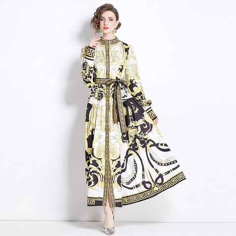 Barock Print Langarm Maxi Kleid Für Damen Retro Stehkragen Gürtel Einreihig A-Linie Vintage Elegantes Langes Kleid