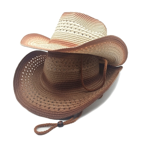 Western Cowboy Straw Hat Wide Brim Gradient Breathable Sun Protection Summer Retro Jazz Beach Cap With Chin Strap