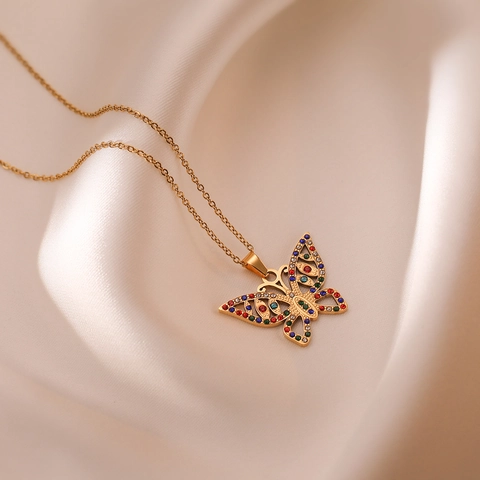 Collana Con Pendente A Farfalla Cava E Orecchini Rame Placcato Oro 18K Zircone Colorato Gioielli Di Moda Minimalista